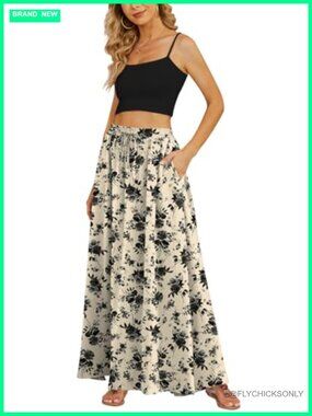 Flowy Maxi Skirt Summer Pleated High Waisted Casual Long Skirts with Pockets